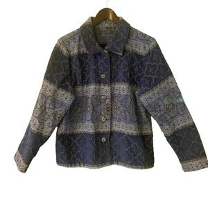 Vintage 90’s embroidered tapestry jacquard blue grey jacket with metal buttons